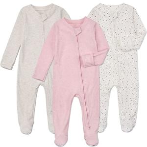 Aablexema Baby Footie Pajamas with Mittens - 3Pcs Infant Cotton Footed One Piece Sleepwear Outfits(Grey Khaki/Dot/Pink, 0-3M)