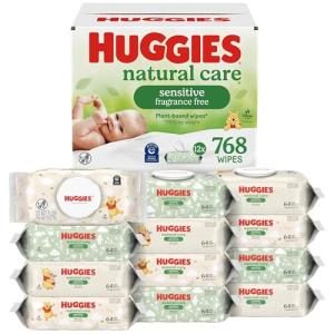 Huggies Natural Care Sensitive Baby Wipes, Unscented, Hypoallergenic, 99% Purified Water, 12 Flip-Top Packs (768 Wipes Total), Packaging May Vary