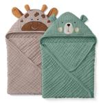 Blissful Diary Muslin Baby Hooded Towel 2 Pack, Soft & Absorbent Bath Towel for Infant, Toddler, Unisex, Baby Gift, Newborn Essentials, Bear & Giraffe