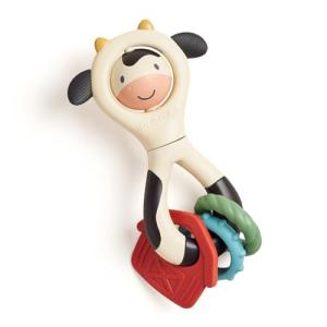 Itzy Ritzy Spinner Rattle Toy – Cow Design Sensory Teething Rattle Includes Spinning Face, Clicks, Rattles & Textured Teethers; Designed for Ages 3 Months and Up (Cow)