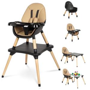 6 in 1 High Chair for Babies & Toddlers, Convertible Wooden Baby Highchair, Table and Chair Set, Baby Feeding Chair, 5-Point Adjustable Harness/4-Position Removable Tray& PU Seat Cushion (Black)
