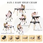 6 in 1 High Chair for Babies & Toddlers, Convertible Wooden Baby Highchair, Table and Chair Set, Baby Feeding Chair, 5-Point Adjustable Harness/4-Position Removable Tray& PU Seat Cushion (Black)