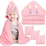 Sublaga 4 PCS Hooded Baby Towels, Absorbent Baby Bath Towel, Soft Baby Towels and 3 PCS Baby Washcloths for Newborns, Toddlers, and Kids, 32x32 in Baby Towel with Hood for Boy and Girl (Pink Kittens)