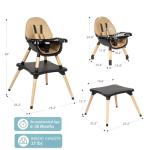 6 in 1 High Chair for Babies & Toddlers, Convertible Wooden Baby Highchair, Table and Chair Set, Baby Feeding Chair, 5-Point Adjustable Harness/4-Position Removable Tray& PU Seat Cushion (Black)