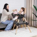 6 in 1 High Chair for Babies & Toddlers, Convertible Wooden Baby Highchair, Table and Chair Set, Baby Feeding Chair, 5-Point Adjustable Harness/4-Position Removable Tray& PU Seat Cushion (Black)