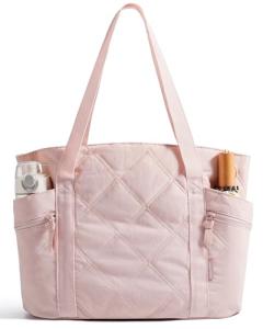 BAGSMART Crush Tote Bag for Women, 20L Puffer Work Tote with Zipper, Travel Essentials Quilted Nurse Hospital Bag, Pink