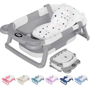 TPN Collapsible Baby Bathtub, Baby Bath Tub with Soft Cushion & Real-Time Thermometer, Baby Bathtub Infant to Toddler Tub (0-36 Months), Portable Newborn Travel Bath Tub