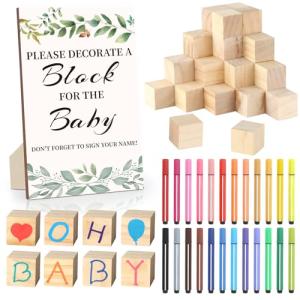 wookidel Baby Shower Games Sign Kit with 50 Blank Wooden Baby Blocks, 24 Acrylic Paint Marker and Wooden Sign, Blocks for Baby Shower, Gender Reveals Party(Green)