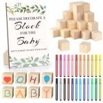 wookidel Baby Shower Games Sign Kit with 50 Blank Wooden Baby Blocks, 24 Acrylic Paint Marker and Wooden Sign, Blocks for Baby Shower, Gender Reveals Party(Green)