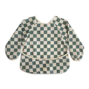 mushie Long Sleeve Baby Bib | Water Resistant Adjustable Fit for Ages 6-24 Months (Olive Check)