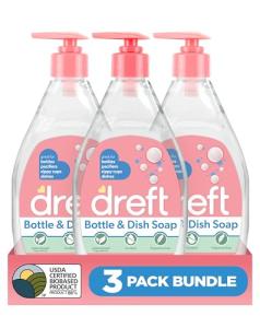 DREFT Bottle and Dish Soap | Made to Clean Baby Bottles, Sippy Cups, Pacifiers, Breast Pumps, & More | Gently Removes Milk Film & Odors | Plant Based, Fragrance Free Dish Soap | 18 Fl Oz (Pack of 3)