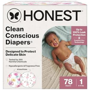 The Honest Company Comfort Dry Disposable Diapers for Sensitive Skin, Hypoallergenic, Rose Blossom + Tutu Cute, Club Box Size 1 (8–14 lbs), 78 Count