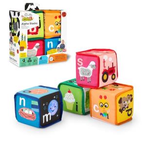 Baby Einstein Alpha Stacks Baby Learning Blocks, Soft, Multisensory Stacking Toys with Letters A-Z, Animals, Colors & Textures, Set of 4, Ages 3 Months+