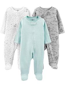 Simple Joys by Carter's Kid's 3-Pack Sleep and Play Sleepwear, Mint/Stripes/Heather Grey/Prints, 0-3M