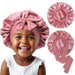 2Pcs Baby Silk Satin Bonnet for Kids Sleeping Cap - Elastic Wide Band Hair Bonnets,Ajustable Satin Bonnet with Tie,Shower Cap Curly Natural Hair Kids Bonnets for Girls Boys Infant - Rose Gold