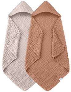 SWEET DOLPHIN Muslin Hooded Baby Bath Towels - 2 Pack 100% Cotton Towel for Babies, Infants, Toddlers - 32x32Inch - Highly Absorbent and Newborn Essential, Light Bean Paste