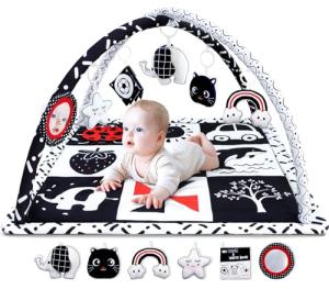 Poycuna Black and White Baby Gym Play Mat with 6 Toys Tummy Time Activity Mat for Babies 0-6 6-12 Months High Contrast Baby Gyms & Playmats Sensory Toys Newborn Brain Development Infant Play Mat