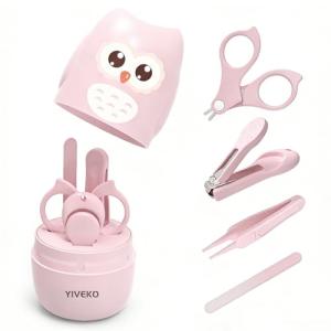YIVEKO Baby Nail Kit, 4-in-1 Baby Nail Care Set with Cute Case, Baby Nail Clippers, Scissors, Nail File & Tweezers, Baby Manicure Kit and Pedicure kit for Newborn, Infant, Toddler, Kids-Owl Pink