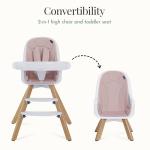 Evolur Zoodle 2-in-1 High Chair for Baby & Toddler – Convertible High Chair to Toddler Chair, Padded Seat, 5-Point Safety Harness, Dual Dishwasher-Safe Trays, Solid Beechwood Legs – Pink