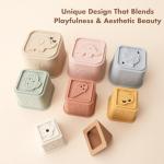 YIVEKO Baby Stacking Cups Toy, Silicone Stacking Tower Educational Baby Toys 6M+, Soft Teething Building Blocks 8 Pcs, BPA Free Sensory Infant Toy, Bath & Beach Toys, Vintage Neutral Colors-Gentle