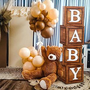 Baby Shower Boxes Party Decorations - 4 Wood Grain Brown Blocks with Baby Letter, Printed Letters,First Birthday Centerpiece Decor, Teddy Bear Baby Shower Supplies, Gender Reveal Backdrop
