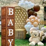 Baby Shower Boxes Party Decorations - 4 Wood Grain Brown Blocks with Baby Letter, Printed Letters,First Birthday Centerpiece Decor, Teddy Bear Baby Shower Supplies, Gender Reveal Backdrop