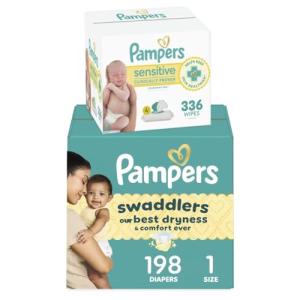 Pampers Swaddlers Disposable Baby Diapers Size 1, 198 Count with Sensitive Water Based Baby Wipes 4X Pop-Top Packs (336 Count)