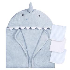 Gerber Baby 4 Piece Animal Character Hooded Towel and Washcloth Set, Blue Shark, One Size