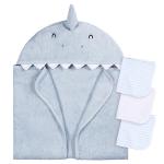 Gerber Baby 4 Piece Animal Character Hooded Towel and Washcloth Set, Blue Shark, One Size