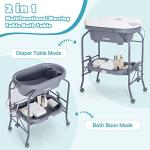 INFANS 2 in 1 Baby Changing Table with Bath Tub Unit, Folding Diaper Dresser Station with Wheels Waterproof Pad Storage Rack, Portable Nursery Organizer Stand for Newborn Infant