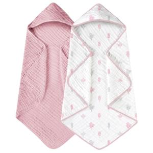 Yoofoss Hooded Baby Towels for Newborn 2 Pack 100% Muslin Organic Cotton Baby Bath Towel with Hood for Babies, Infant, Toddler and Kids, 32x32Inch, Soft and Absorbent Newborn Essential,Pink&Wh Leaf