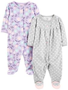 Simple Joys by Carter's Baby Girl's 2-Pack Fleece Footed Sleep and Play Sleepwear, purple/flowers/grey dot, 0-3 Months