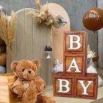Baby Shower Decorations Baby Boxes with Letters, 4pcs Wood Brown Baby Blocks with Printed Letter, Gender Reveal Decorations, Woodland Baby Shower Girl Boy,Teddy Bear Theme Party