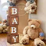 Baby Shower Decorations Baby Boxes with Letters, 4pcs Wood Brown Baby Blocks with Printed Letter, Gender Reveal Decorations, Woodland Baby Shower Girl Boy,Teddy Bear Theme Party