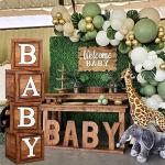 Baby Shower Decorations Baby Boxes with Letters, 4pcs Wood Brown Baby Blocks with Printed Letter, Gender Reveal Decorations, Woodland Baby Shower Girl Boy,Teddy Bear Theme Party