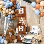Baby Shower Decorations Baby Boxes with Letters, 4pcs Wood Brown Baby Blocks with Printed Letter, Gender Reveal Decorations, Woodland Baby Shower Girl Boy,Teddy Bear Theme Party