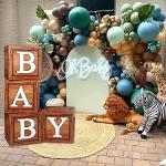 Baby Shower Decorations Baby Boxes with Letters, 4pcs Wood Brown Baby Blocks with Printed Letter, Gender Reveal Decorations, Woodland Baby Shower Girl Boy,Teddy Bear Theme Party