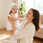 Sunny zzzZZ Muslin Hooded Baby Bath Towels - 3 Pack 100% Cotton Soft Low-Saturation Pastel Towels Including Classic White for Newborns, Infants, Toddlers - 32x32 Inch - Light Bean Paste and White