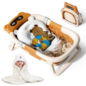Kerbwry Collapsible Baby Bathtub for Newborn to Toddler (0-18 Months) - Foldable Baby Bath Tub with Soft Towel, Newborn& Infant Bathtub for Travel and Outdoor, Brown