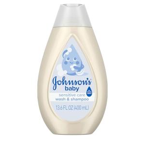 Johnson's Sensitive Care Baby Wash & Shampoo, Daily Moisturizing 2-in-1 Baby Wash & Shampoo to Gently Cleanse Without Drying Out Sensitive Skin, Light Scent, Hypoallergenic, 13.6 fl. oz