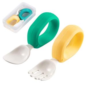 HIWOOD Baby Self Feeding Training Spoon and Fork Set with Travel Case, BPA-Free Cute Circle Toddler Training Utensils, Silicone/ABS Great Tableware Set Spoons Fork for Kids(Deep Green & Light Yellow)