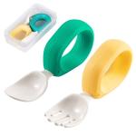 HIWOOD Baby Self Feeding Training Spoon and Fork Set with Travel Case, BPA-Free Cute Circle Toddler Training Utensils, Silicone/ABS Great Tableware Set Spoons Fork for Kids(Deep Green & Light Yellow)