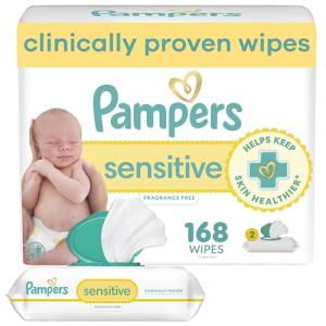 Pampers Baby Wipes Sensitive, Water Based Baby Wipes, Hypoallergenic and Unscented Baby Wipes, 168 Wipes Total (2 Flip-Top Packs)
