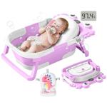 Collapsible Baby Bathtub for Infants to Toddler with Real-time Temp Monitor+Floating Cushion,Foldable Baby Bath Tub Set Applicable 0-36 Month,Portable Travel Bathtub for Newborns Girl (Purple)