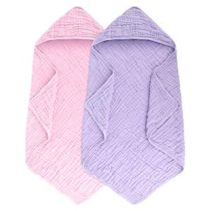 Synrroe 2 Pack Hooded Muslin Cotton Baby Towels, 32x32Inch, Pink & Purple