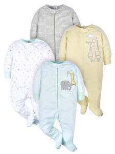 Gerber Unisex Baby 4 Pack Sleep 'N Play Footie Animals Green 0-3 Months