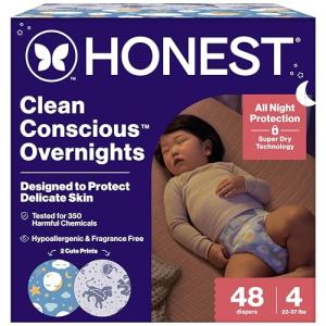 The Honest Company Comfort Dry Disposable Overnight Diapers for Sensitive Skin, Hypoallergenic, Baby Cozy Cloud and Star Signs Design Club Box Size 4 (22–37 lbs) 48 Count