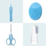 PandaEar Baby Healthcare & Grooming Kit - Baby Safety Set Comb, Brush, Finger Toothbrush, Nail Clippers, Scissors, Nasal Aspirator - Nursery Care Kit (Blue)