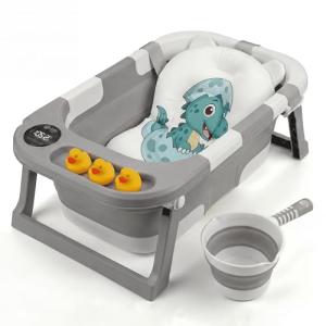 Collapsible Bathtub Baby for Infants & Newborns w/Thermometer, Drain Plug with Heat Sensor & Scoop – Compact Travel Baby Bath Space-Saving Bath for Travel, Shower & Small Bathrooms