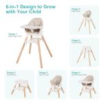 Komcot High Chair, 6 in 1 Wooden Convertible High Chairs for Babies and Toddlers, Booster Seat with Double Tray & Reversible Footrest Baby Highchair, 5-Point Harness Baby Feeding Chair, Beige
